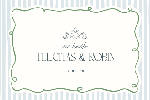 Hochzeitseinladung im Rokoko-Stil mit Schwänen und blauen Streifen