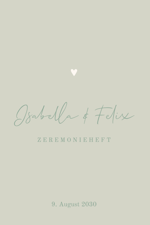 Zeremonieheft im zarten Grün mit Herz und kursiver Schrift