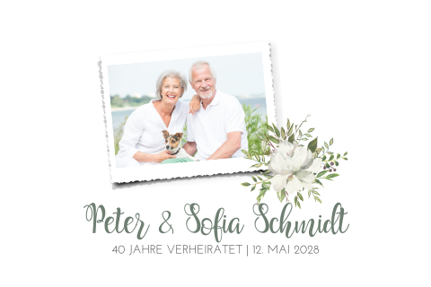 Rubinhochzeitseinladung mit persönlichem Foto und grünem Blätterkranz