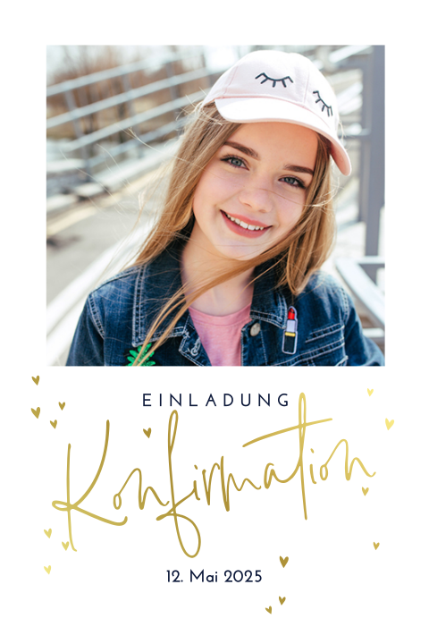 Einladung zur Konfirmation mit Goldene Herzen