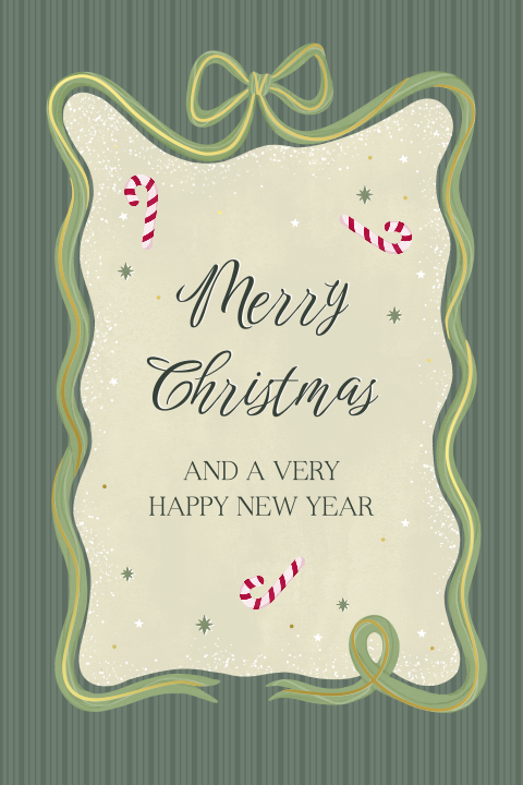 Stilvolle Weihnachtskarte mit grüner Schleife und Streifen