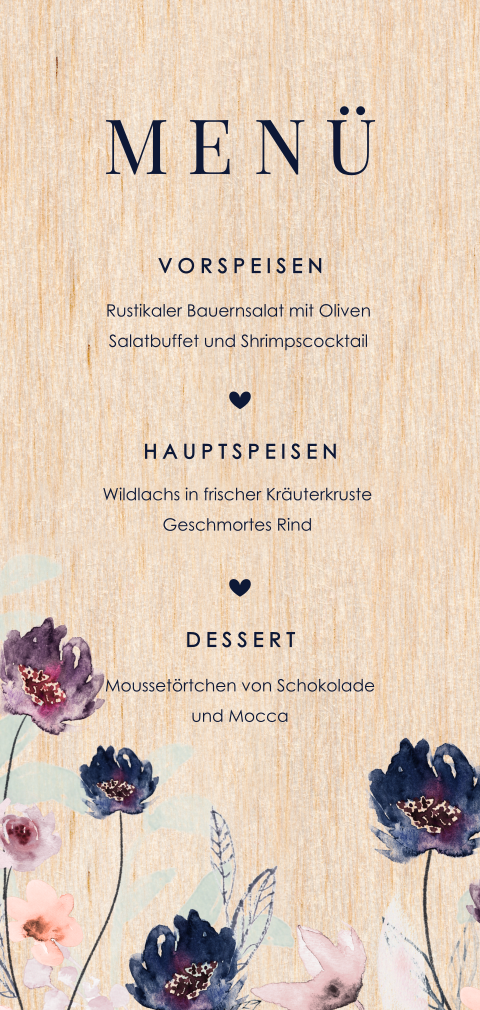 Elegante Menükarte auf Holz mit Aquarell Blumen