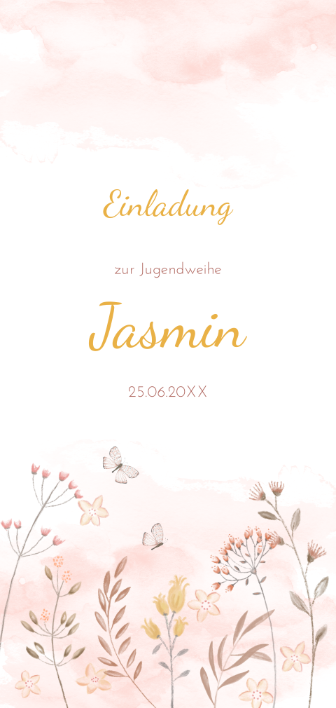 Einladung zur Jugendweihe mit Blumen und rosa