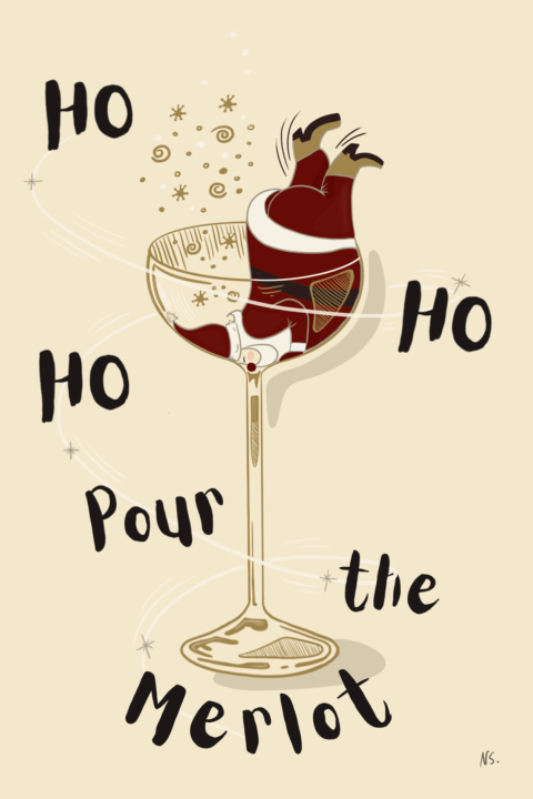 Stilvolle Weihnachtskarte mit Champagnerglas und Weihnachtsmann