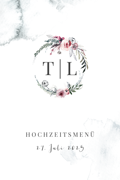 Menükarte mit Blumenkranz im Aquarell-Look
