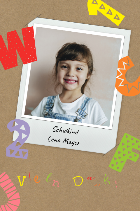 Dankeskarte zur Einschulung bunter Buchstabensalat Polaroid Kraft-Look