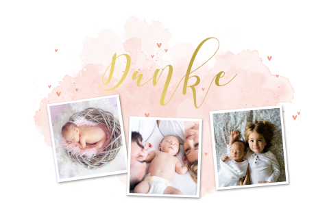 Goldfolie Dankeskarte in rosa Aquarell und mit drei Fotos