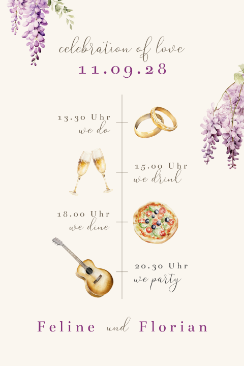 Hochzeitseinladung Ablauf mit violetten Aquarell Blauregen Blüten