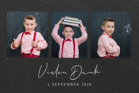 Dankeskarte Einschulung im Schultafel-Look mit drei Fotos