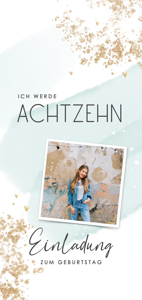 Einladung zum 18 Geburtstag mit Foto und Goldtupfern