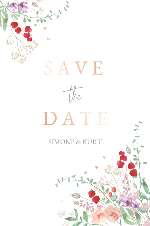 Save the Date Karte mit sommerlichen Blumen und Roségolfolie