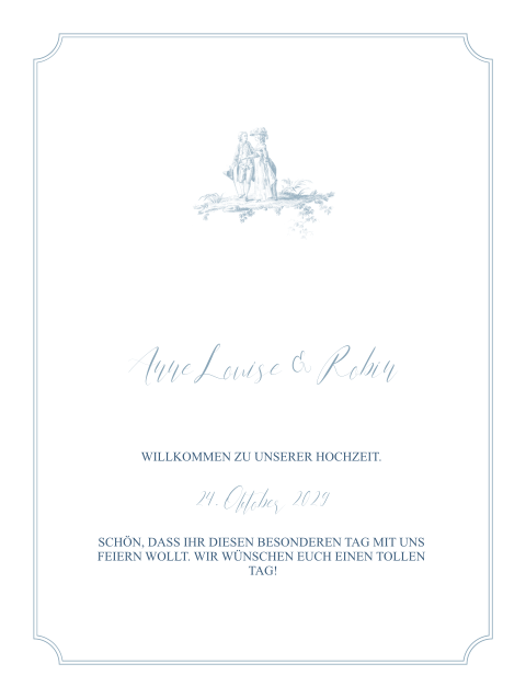 Klassisches Willkommensschild mit blauem Toile-de-Jouy auf weißem Hintergrund