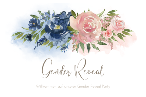 Gender Reveal Einladungskarte mit blauen und rosa Blumen