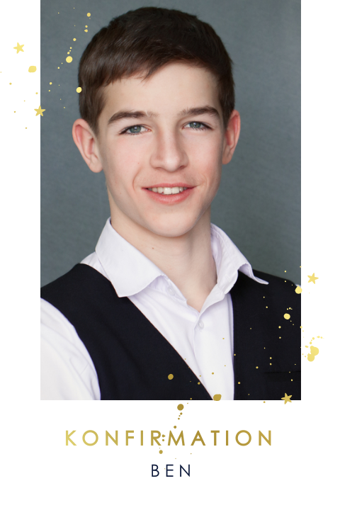 Schöne Einladung zur Konfirmation mit großem Bild und Goldschrift