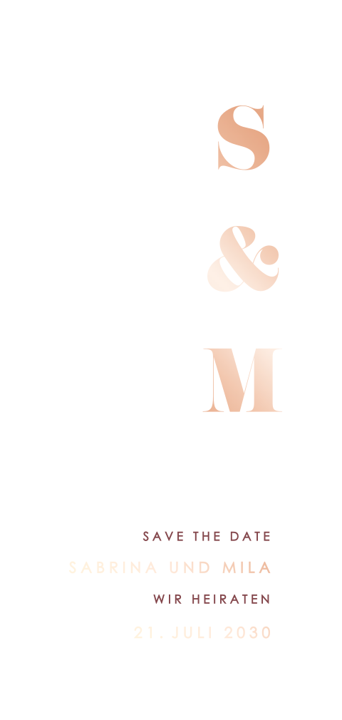 Moderne Save the date Karte mit Roségoldfolie längliches Hochformat