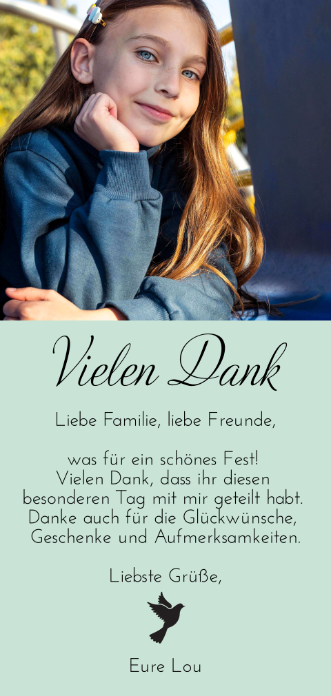 Dankeskarte Pastelgrün zur Kommunion mit Taube und Foto in Hochglanz