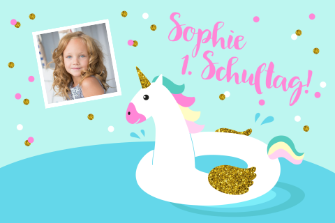 Angesagte Einschulungskarte mit Einhorn und Foto