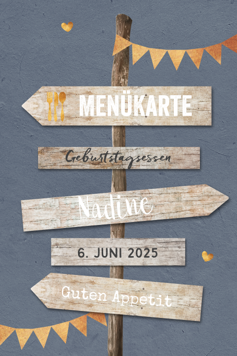 Menükarte mit Wegweisern auf leicht marmoriertem Hintergrund