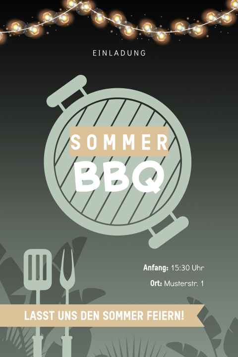 Geschäftliche Einladung zum Sommerfest mit Grill und Lichterkette