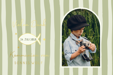 Danksagungskarte zur Kommunion mit grünen Streifen, Fische und Sterne