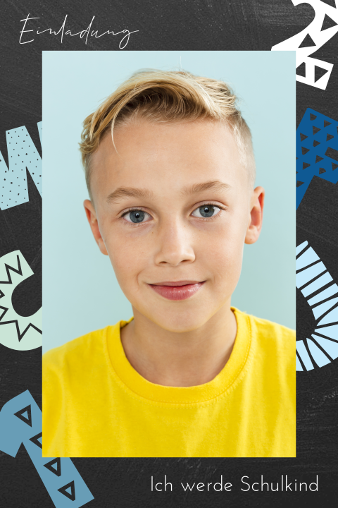 Einladung zur Einschulung im Tafel-Look, Foto und Buchstaben