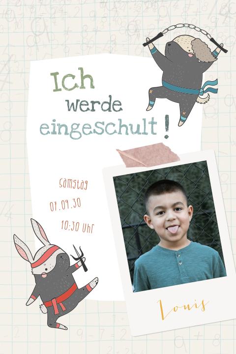 Einladung zur Einschulung - Kleiner Ninja mit Zahlen und Foto