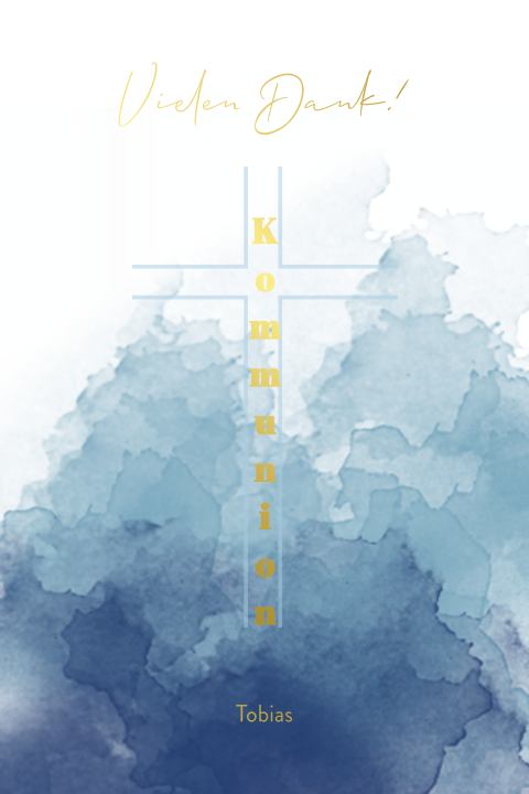 Dankeskarte Erstkommunion mit Kreuz, Aquarell und Foliendruck