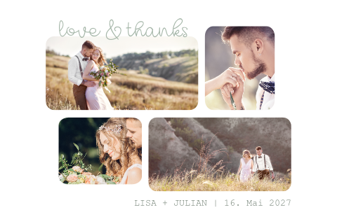 Dankeskarte für Hochzeit im romantischen Design mit Fotos