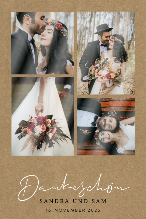 Dankeskarte Hochzeit Kraft-Look mit 6 Fotos