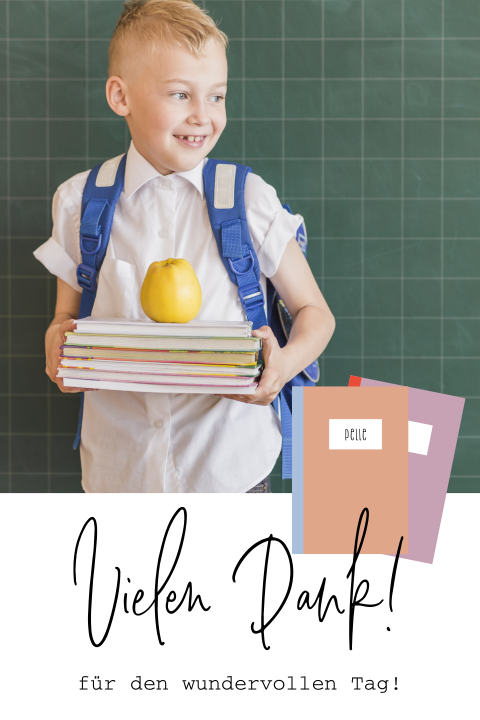 Dankeskarte Einschulung mit großem Foto und Schulheften
