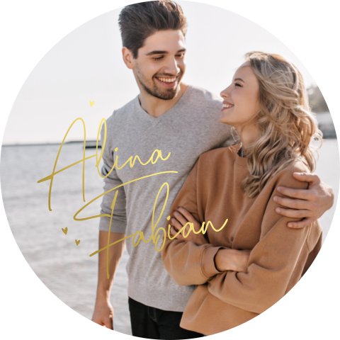 Runde Hochzeitskarte mit Foto- und Goldfolien-Text