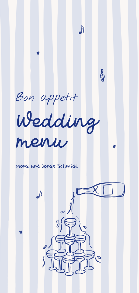 Menükarte in Blau mit Streifenmuster und Illustrationen *