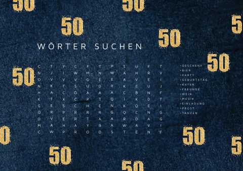 Tischset zum 50. Geburtstag mit goldenen Details und Wortsuche