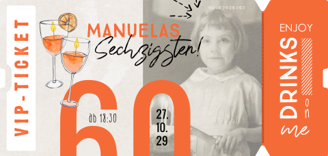 Party Ticket Einladung zum 60. Geburtstag in orange mit Foto