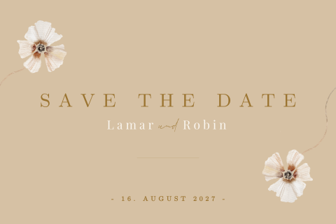 Save the Date Karte mit weissen Veilchen auf beigem Hintergrund