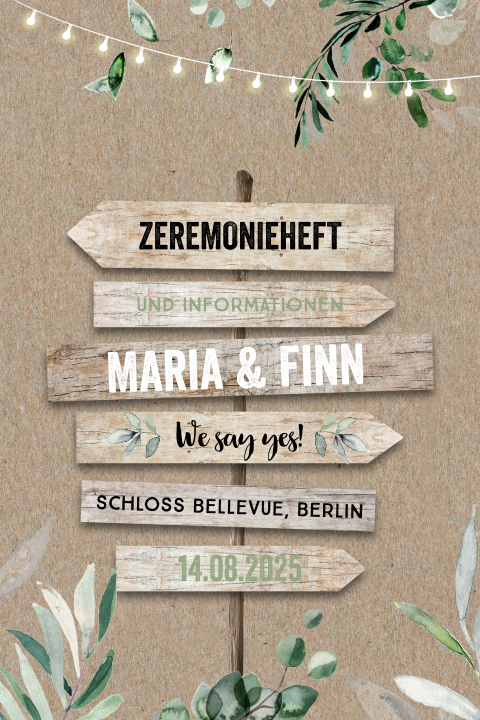 Zeremonieheft im Kraftlook mit Wegweiser und Lichterketten