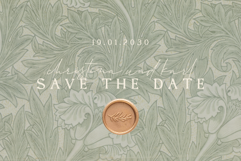 Save the Date mit botanischem Muster und Wachssiegel