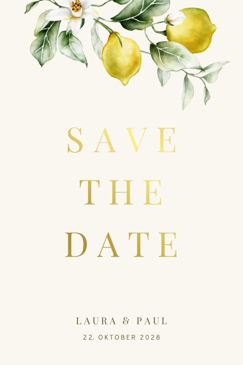Save the Date Karte in Beige mit Zitronenzweigen und Goldfolie