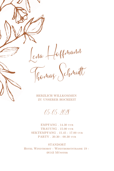 Schöne Hochzeitskarte mit braunen Blumen