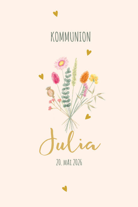 Einladung zur Kommunion in rosa mit bunten Blumen