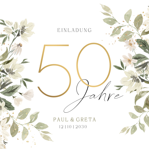Einladung zur goldenen Hochzeit mit Blumen und Mattgoldfolie