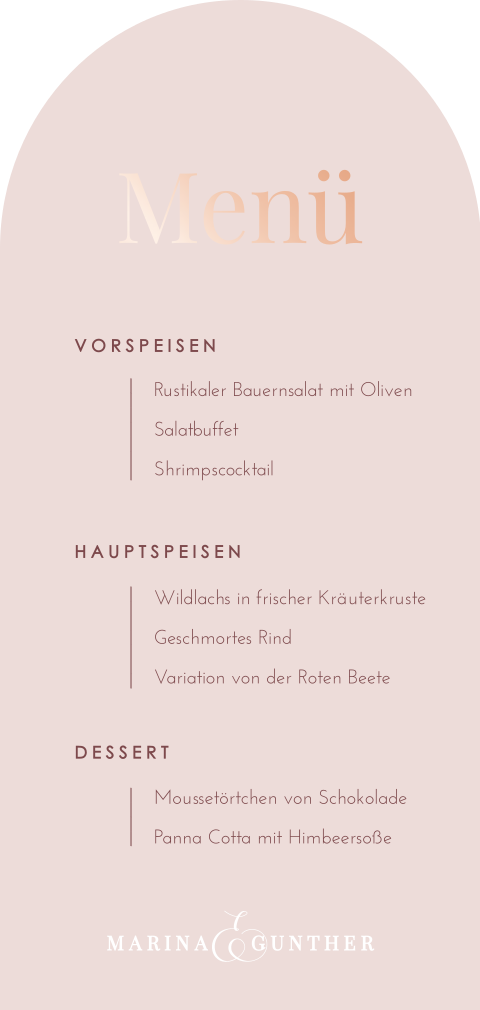 Elegante Menükarte in besonderer Form mit zierlichem Text