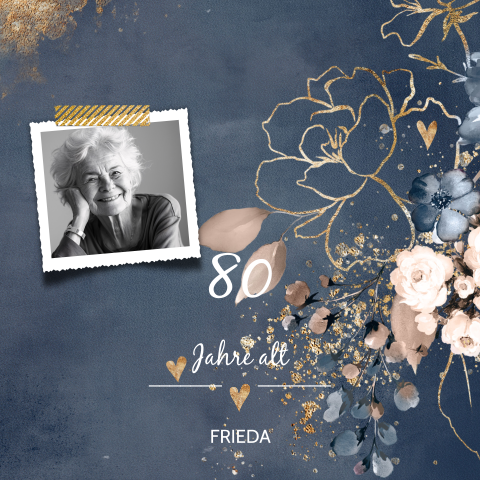 Einladung zum 80sten Geburtstag mit Blumen und Foto, Doppelkarte