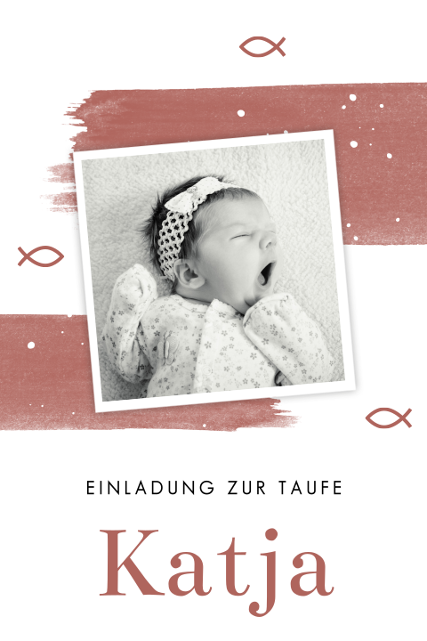 Hippe Einladung zur Taufe mit Fisch-Symbolik und roten Farbstreifen