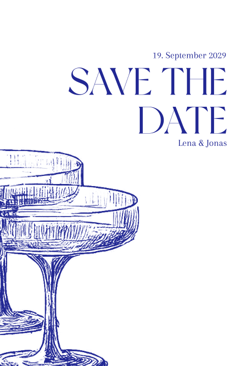 Save the Date-Karte mit gezeichneter blauer Gläser