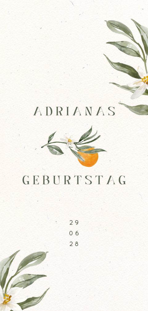 Stilvolle Einladung zum Geburtstag mit Orangenblüten und Zweigen