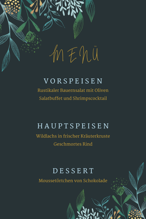 Stilvolle Menükarte mit Zweigen auf dunklem Hintergrund