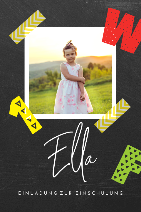 Einladung zur Einschulung mit Ziffern und Buchstaben, Schultafel-Look