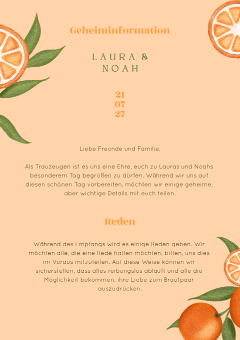 Sommerlicher Einleger mit Orangenzweigen auf orangenem Hintergrund