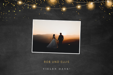Dankeskarte Hochzeit mit Lichterkette auf schwarzem Hintergrund